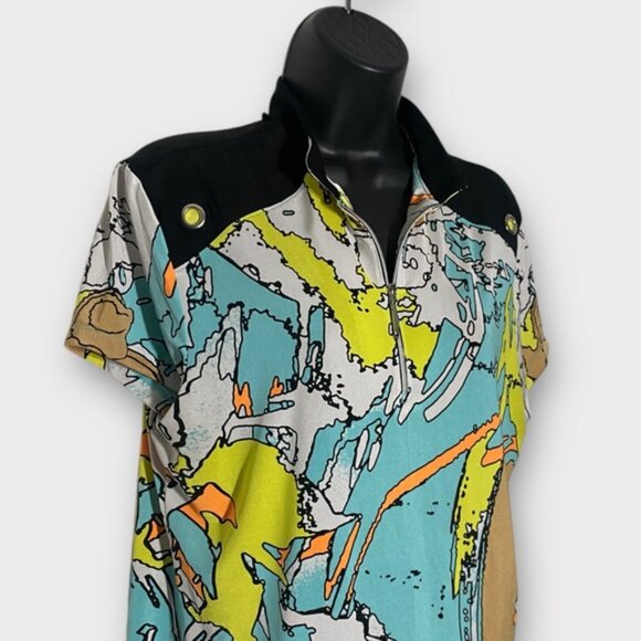 Jamie Sadock Colorful Artsy Abstract Print 1/4 Zip Short Sleeve Golf Top Sz LG - Picture 2 of 8